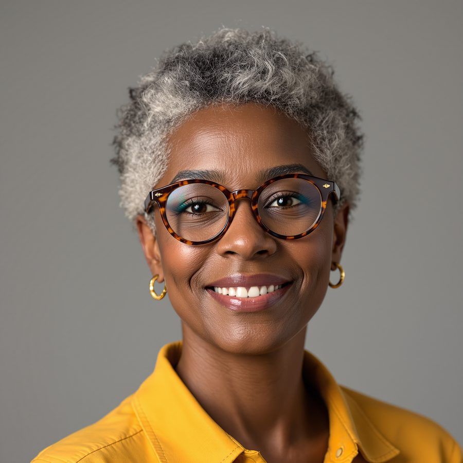 Studio portrait of a woman with short silver-grey curls, round tortoiseshell glasses and a mustard-yellow collared shirt