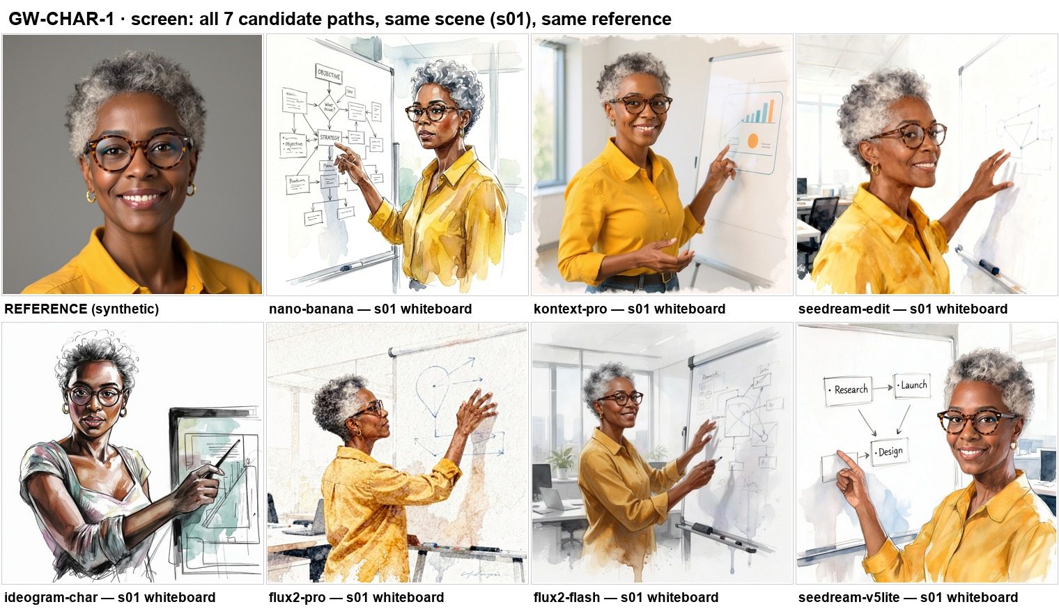 Seven generated images of the same character at a whiteboard, one per model, with the reference photograph