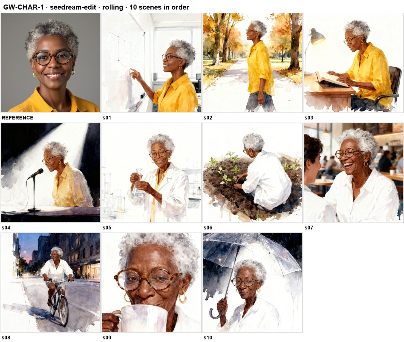 Ten images in sequence showing the character gradually aging and her yellow shirt turning white