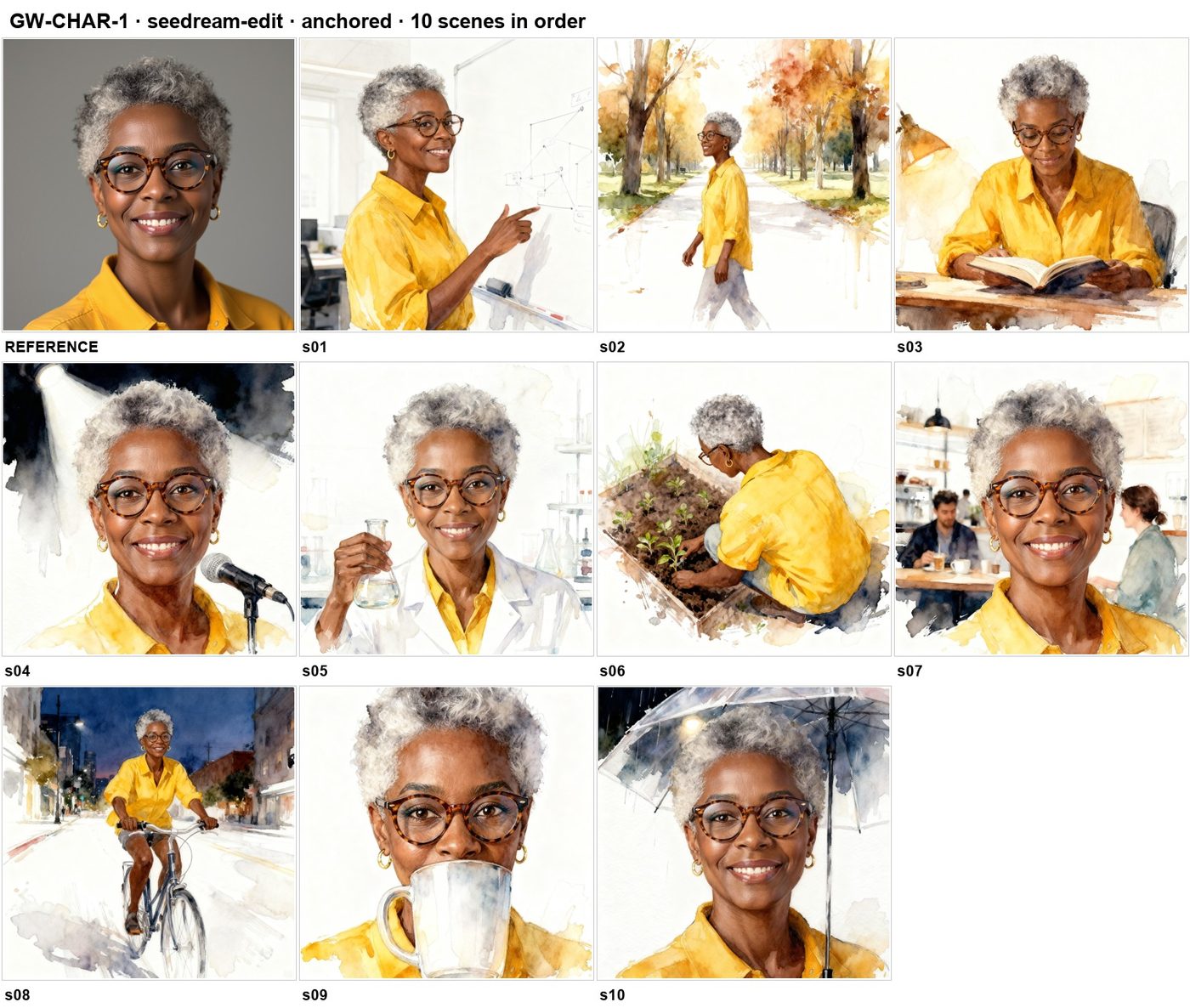 Ten images in sequence showing a consistent character in a yellow shirt throughout