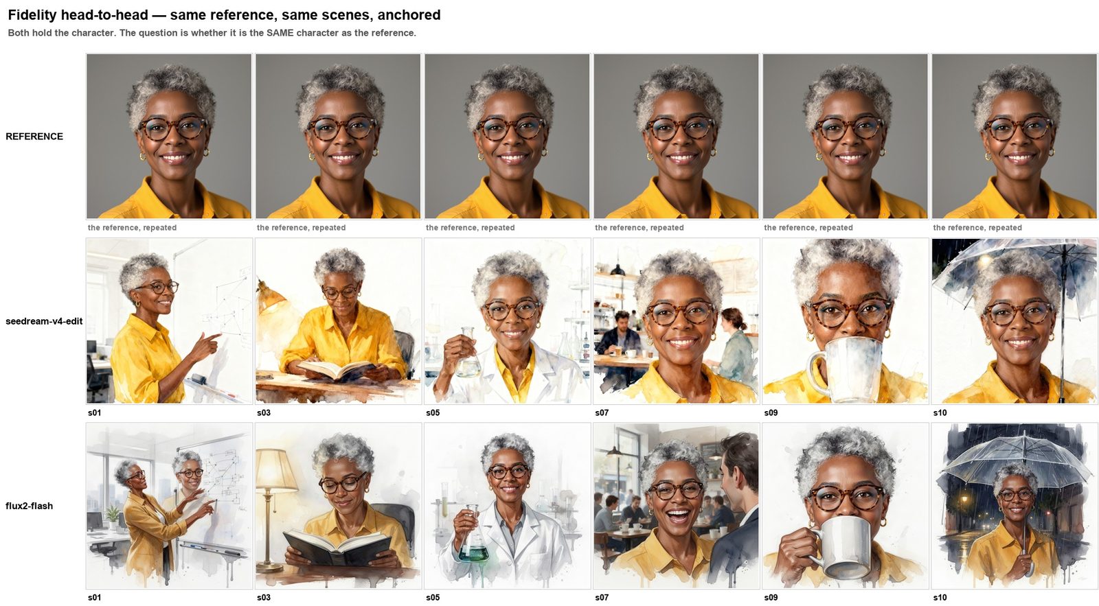 Three rows comparing the reference photograph against two models rendering the same six scenes