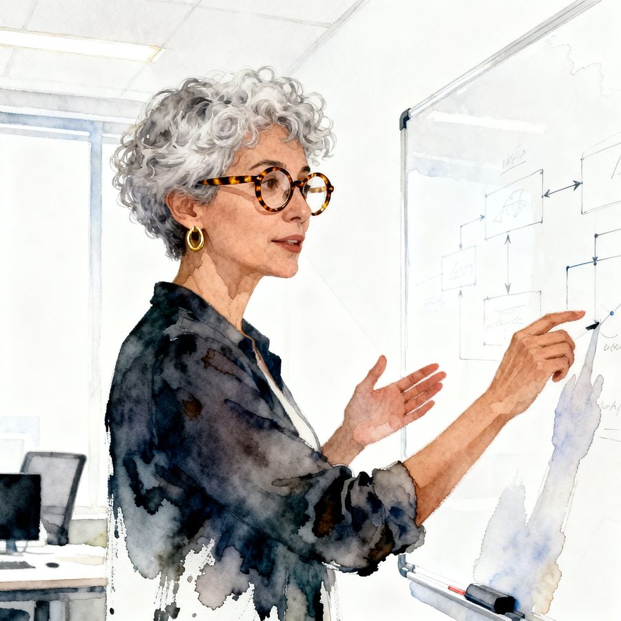 A watercolour of a woman at a whiteboard who resembles the reference in hair and glasses but is clearly a different person