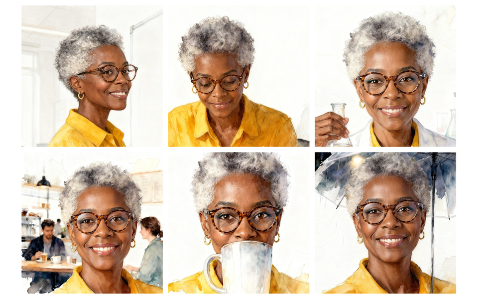The same watercolour woman in six different scenes, six times over.