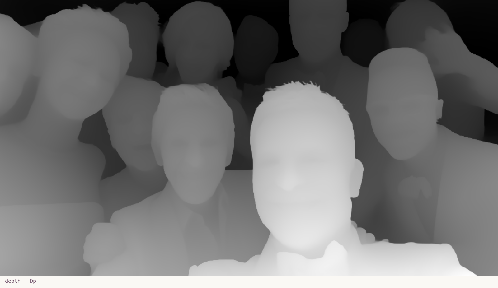 A grayscale map of how far each pixel is from the camera.